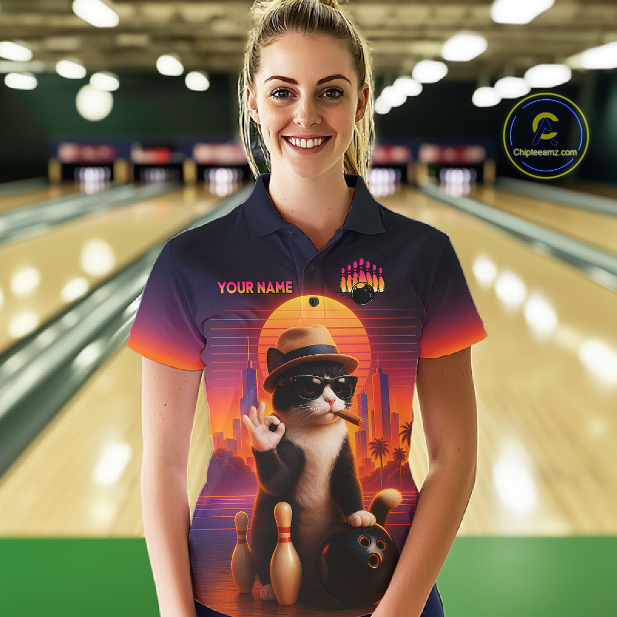 Custom Funny Cat Bowling Jersey for Women Bowling Uniform Bowling Team Shirts Polo & 1/4 Zip HNT196