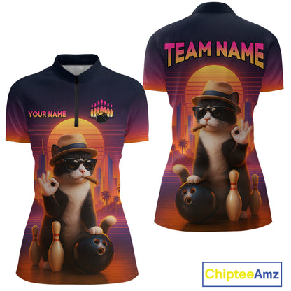 Custom Funny Cat Bowling Jersey for Women Bowling Uniform Bowling Team Shirts Polo & 1/4 Zip HNT196
