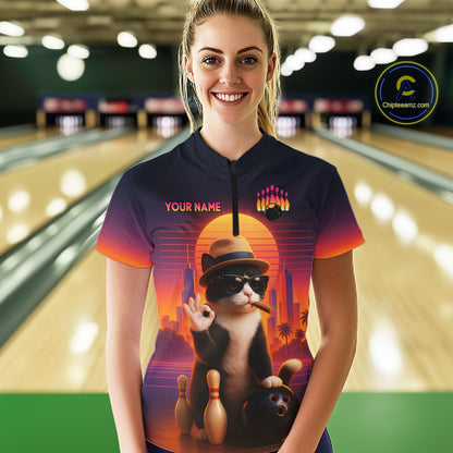 Custom Funny Cat Bowling Jersey for Women Bowling Uniform Bowling Team Shirts Polo & 1/4 Zip HNT196