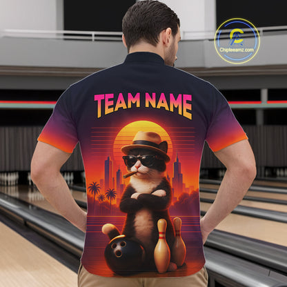 Custom Funny Cat Bowling Jersey for Men Bowling League Bowling Team Shirts Polo & 1/4 Zip HNT197