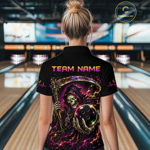Load image into Gallery viewer, Person wearing a black shirt with colorful design and 'TEAM NAME' text in a bowling alley.