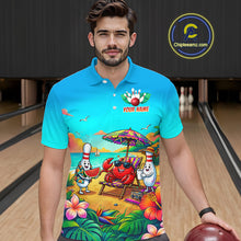Load image into Gallery viewer, Man wearing a turquoise beach-themed bowling polo with tropical flowers, a crab on a lounge chair, bowling pin characters, and custom team text.