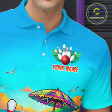 Load image into Gallery viewer, Blue polo shirt with a colorful design and 'Your Name' text, featuring a bowling ball and pins.