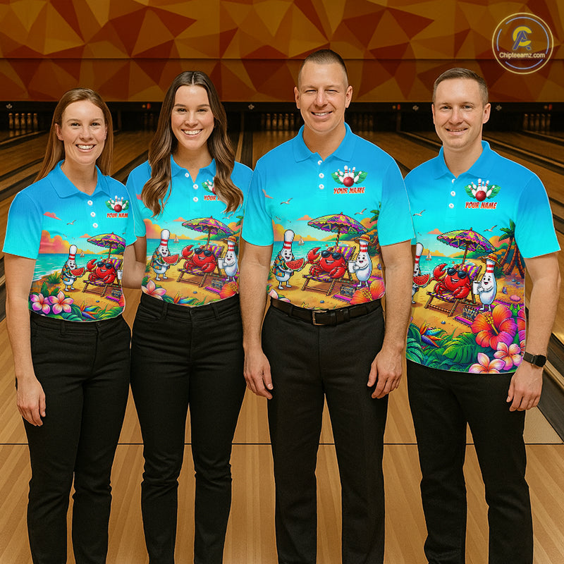 Four people wearing colorful bowling shirts with cartoon characters on a bowling alley.