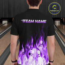Load image into Gallery viewer, Person wearing a black bowling shirt with purple flames and a bowling ball design in a bowling alley.