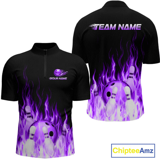 Black bowling shirt with purple flames and bowling ball design, front and back views, on a white background.