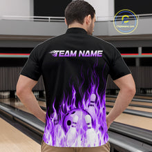 Load image into Gallery viewer, Person wearing a black bowling shirt with purple flame design and 'TEAM NAME' text in a bowling alley.