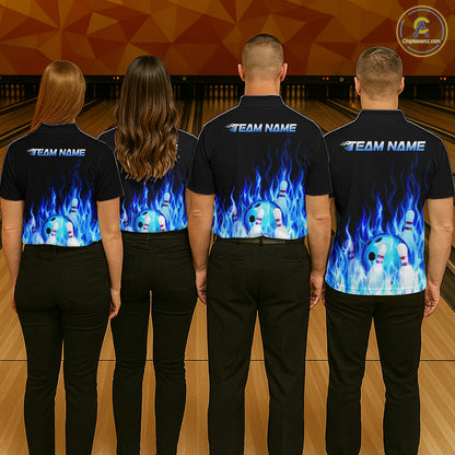 Four people wearing black shirts with blue flame designs and 'TEAM NAME' text on a bowling alley background.