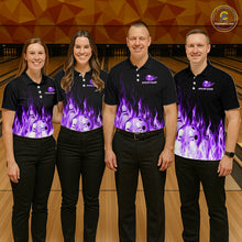Load image into Gallery viewer, Four people wearing matching black polo shirts with a purple flame design on a bowling alley.