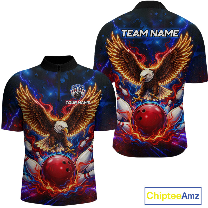 Custom Red Flame Eagle Bowling Jersey for Men Bowling Team Shirts Polo & 1/4 Zip HNT511