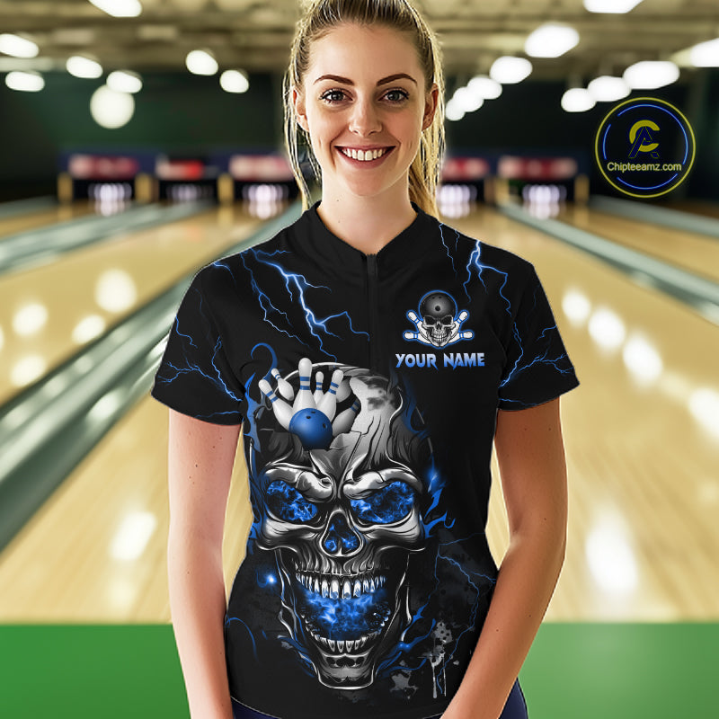 Custom Blue Flame Skull Eagle Bowling Shirts for Women Bowling Team Jersey Bowling Tournament HNT657