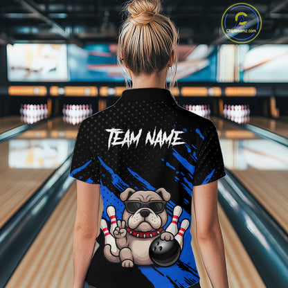 Women’s blue Bulldog bowling polo shirt, back view on female model in bowling lane 