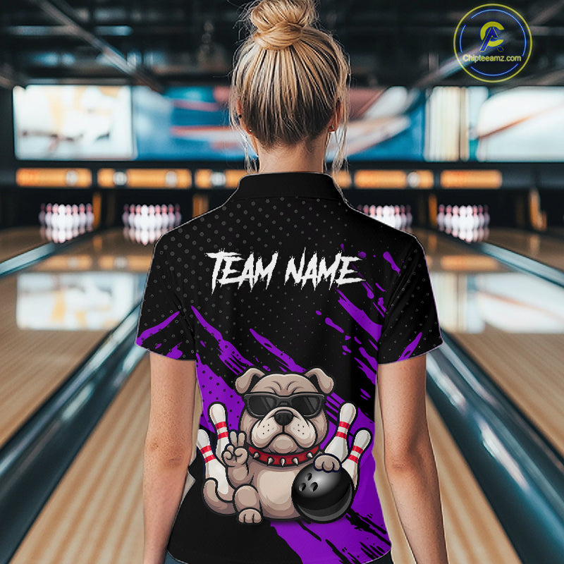 Women’s purple Bulldog bowling quarter zip shirt, back view on female model in bowling lane 
