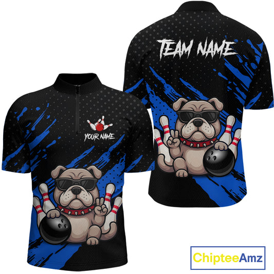 Custom blue funny bulldog bowling jersey for men, personalized team bowling quarter zip shirt front view and back view.