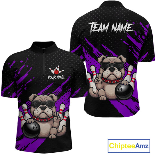 Custom purple funny bulldog bowling jersey for men, personalized team bowling quarter zip shirt front view and back view.