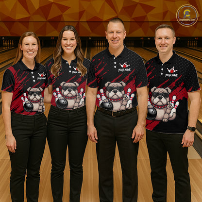 Group of bowlers in red Bulldog team shirts, personalized bowling uniforms front view.
