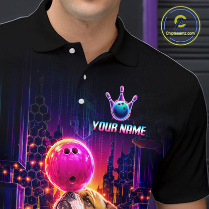 Men’s Bulldog retro neon bowling polo shirt with custom name, angled front view showing custom team design 

