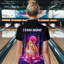 Load image into Gallery viewer, Women’s retro Bulldog neon synthwave bowling polo shirt, back view on female model in bowling lane 
