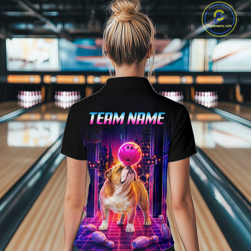 Women’s retro Bulldog neon synthwave bowling quarter zip shirt, back view on female model in bowling lane 
