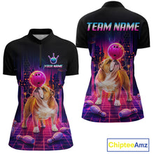 Load image into Gallery viewer, Women’s retro Bulldog neon synthwave bowling quarter zip shirt with custom name, front view on white background.