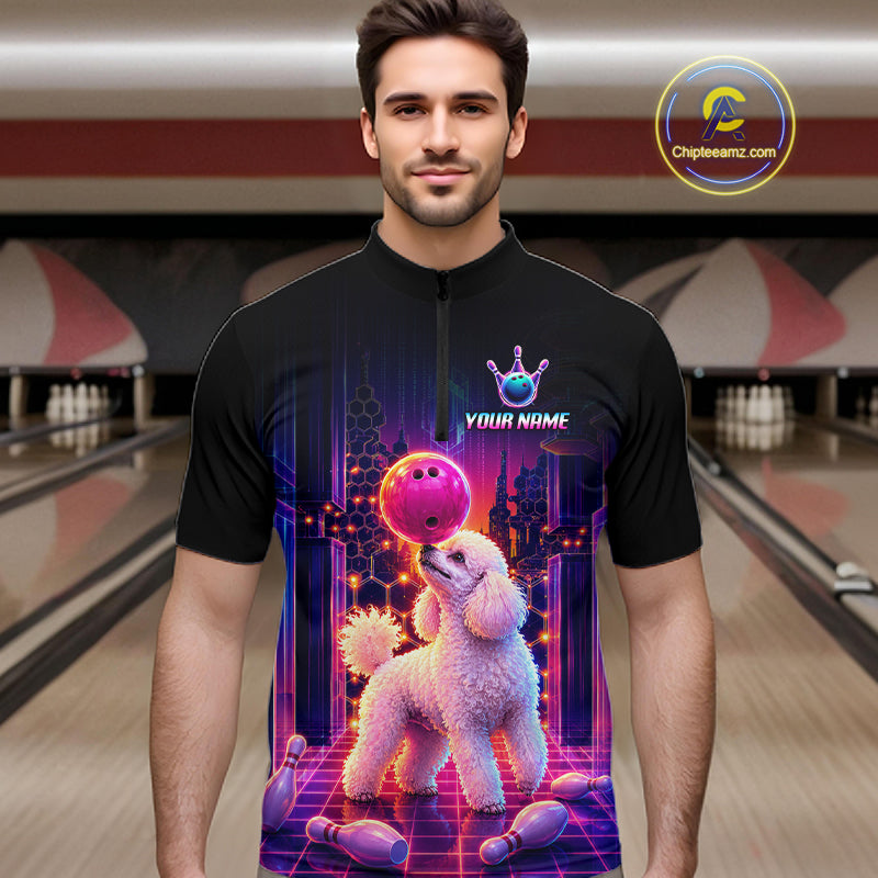 Men’s retro Poodle Dog neon synthwave bowling quarter zip shirt, front view on male model in bowling lane  
