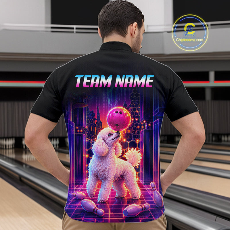 Men’s retro Poodle Dog neon synthwave bowling quarter zip shirt, back view on male model in bowling lane 