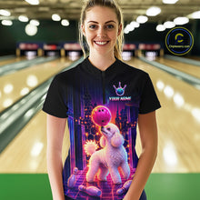 Load image into Gallery viewer, Women’s retro Poodle Dog neon synthwave bowling quarter zip shirt, front view on female model in bowling lane  