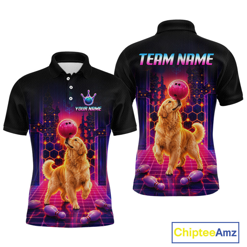 Men’s retro Golden Retriever Dog neon synthwave bowling polo shirt with, front view on white background.