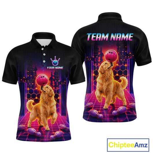 Men’s retro Golden Retriever Dog neon synthwave bowling polo shirt with, front view on white background.