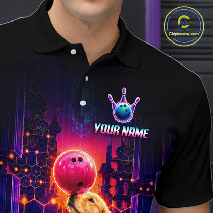 Men’s Golden Retriever Dog retro neon bowling polo shirt with custom name, angled front view showing custom team design 