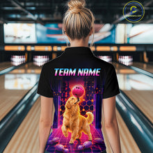 Load image into Gallery viewer, Women’s retro Golden Retriever Dog neon synthwave bowling quarter zip shirt, back view on female model