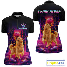 Load image into Gallery viewer, Women’s retro Golden Retriever Dog neon synthwave bowling polo shirt, back view on white background.