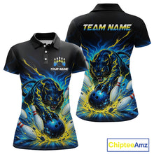 Load image into Gallery viewer, Black polo shirt with a panther and bowling design on a white background, featuring 'Chiptee Amz' branding.