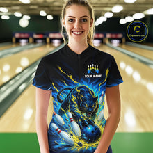 Load image into Gallery viewer, Person wearing a black bowling shirt with a colorful tiger design in a bowling alley.