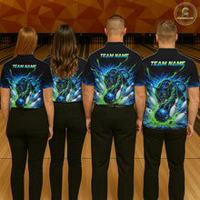 Load image into Gallery viewer, Four people wearing matching bowling team shirts with a design of a tiger and bowling pins on a bowling alley.