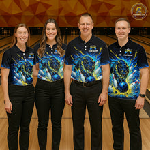 Load image into Gallery viewer, Four people wearing matching bowling shirts with a dragon design on a bowling alley.