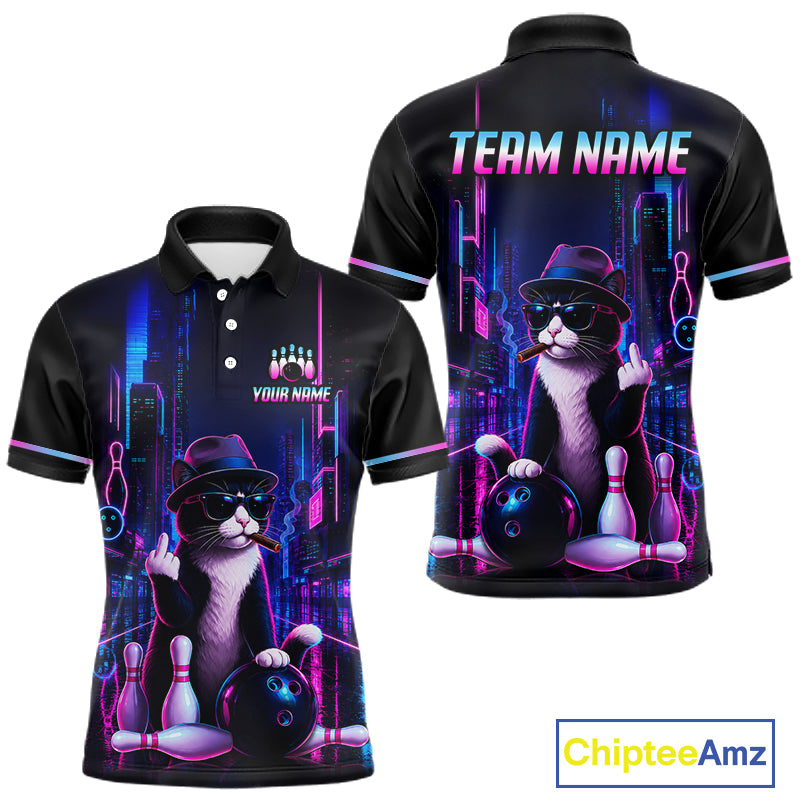 Custom black short-sleeve polo shirt shown from front and back, featuring a neon cyberpunk bowling-themed graphic with a cat in a hat, bowling pins, bowling balls, and customizable text areas reading TEAM NAME and YOUR NAME. A ChipteeAmz logo appears in the bottom right corner.