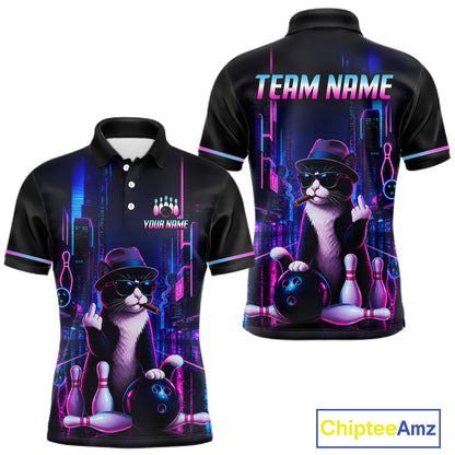 Custom black short-sleeve polo shirt shown from front and back, featuring a neon cyberpunk bowling-themed graphic with a cat in a hat, bowling pins, bowling balls, and customizable text areas reading TEAM NAME and YOUR NAME. A ChipteeAmz logo appears in the bottom right corner.
