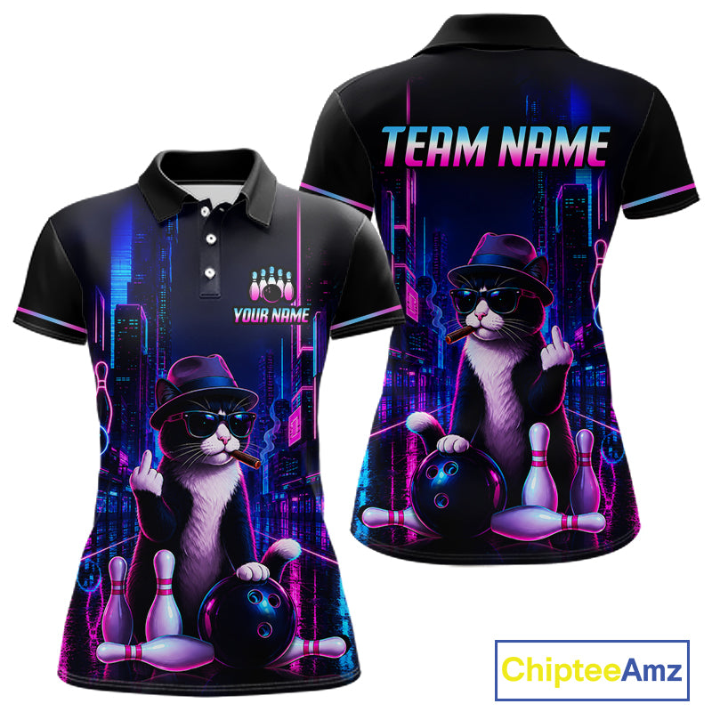 A black short-sleeve polo shirt shown from the front and back, featuring a neon cyberpunk bowling-themed graphic with a cat wearing sunglasses and a hat, bowling pins, and bowling balls. The front has a small chest graphic with placeholder text, and the back has large 'TEAM NAME' text.