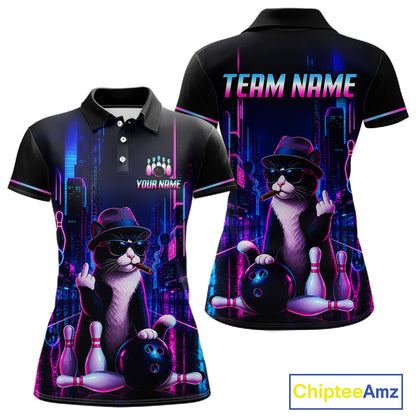 A black short-sleeve polo shirt shown from the front and back, featuring a neon cyberpunk bowling-themed graphic with a cat wearing sunglasses and a hat, bowling pins, and bowling balls. The front has a small chest graphic with placeholder text, and the back has large 'TEAM NAME' text.