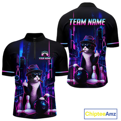 Black short-sleeve custom bowling t-shirt shown from both front and back views. The shirt features a colorful graphic of a cat in a hat and sunglasses holding a bowling ball, with neon city lights and bowling pins in the background.