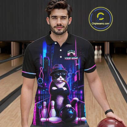 Neon Funny Cat Bowling Jersey for Men Custom Cat Bowling Team Shirts Polo & 1/4 Zip HNT510