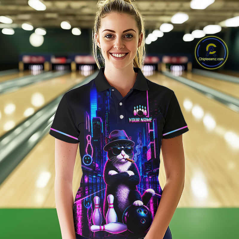 Neon Funny Cat Bowling Jersey for Women Custom Cat Bowling Team Shirts Polo & 1/4 Zip HNT510