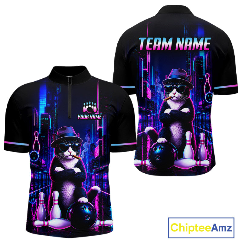 Neon Funny Cat Bowling Jersey for Men Custom Cat Bowling Team Shirts Polo & 1/4 Zip HNT510