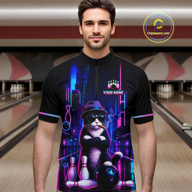 Neon Funny Cat Bowling Jersey for Men Custom Cat Bowling Team Shirts Polo & 1/4 Zip HNT510
