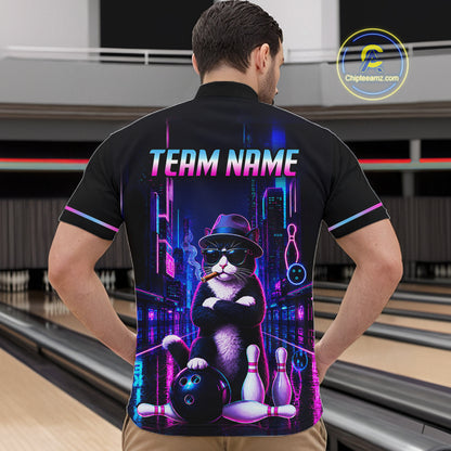 Neon Funny Cat Bowling Jersey for Men Custom Cat Bowling Team Shirts Polo & 1/4 Zip HNT510