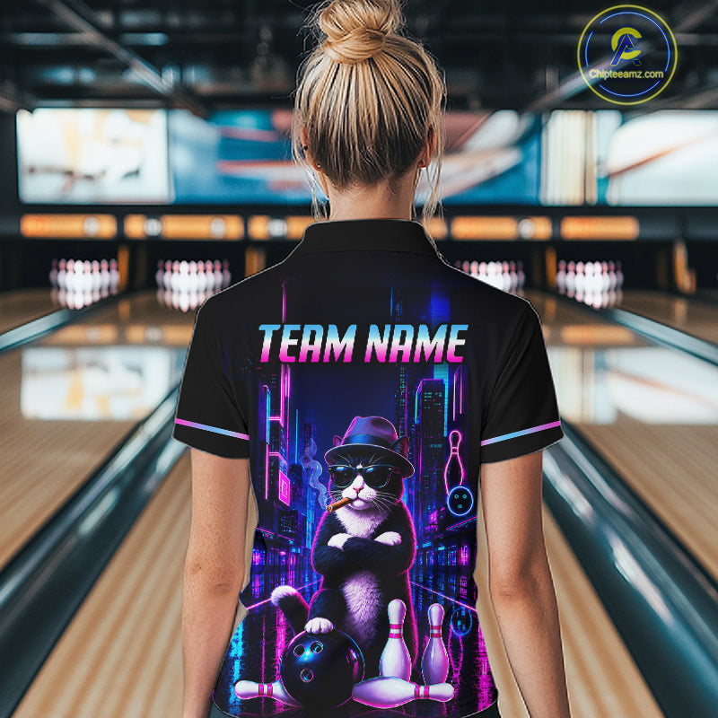 Neon Funny Cat Bowling Jersey for Women Custom Cat Bowling Team Shirts Polo & 1/4 Zip HNT510