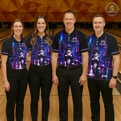 Neon Funny Cat Bowling Jersey for Men Custom Cat Bowling Team Shirts Polo & 1/4 Zip HNT510