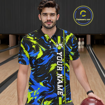 Custom Blue Green Camo Abstract Splash Bowling Shirts for Men Bowling Team Jersey for Bowler HNT658