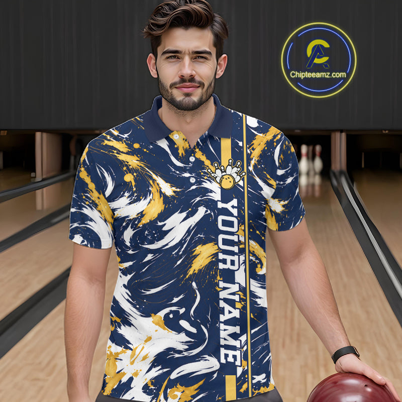 Custom White Yellow Camo Abstract Splash Bowling Shirts for Men Bowling Team Jersey for Bowler HNT658